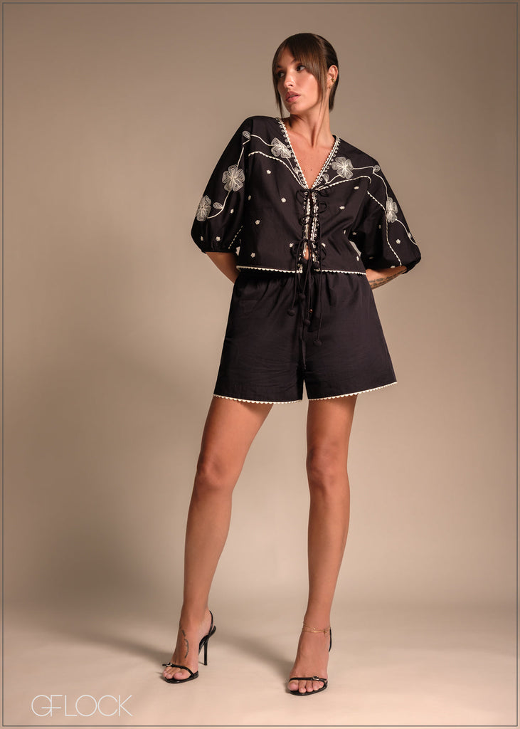 Front Tie Embroidered Top - 231225