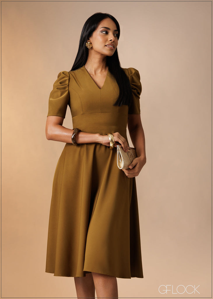 Puff Sleeve Flare Midi Dress - 180926