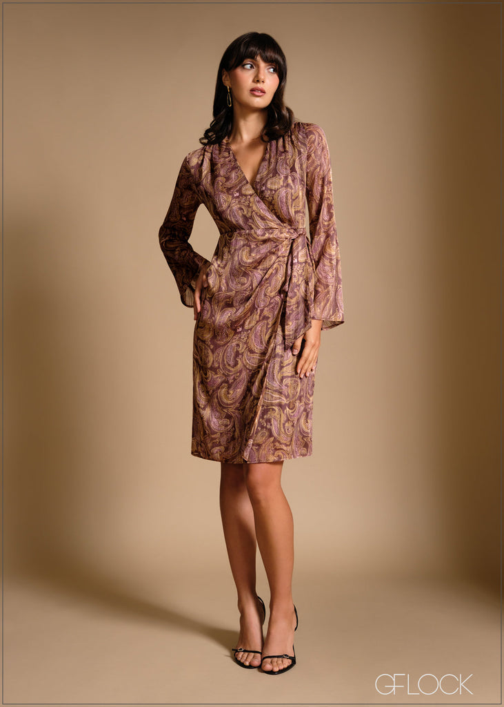 Bell sleeve mock wrap mini dress