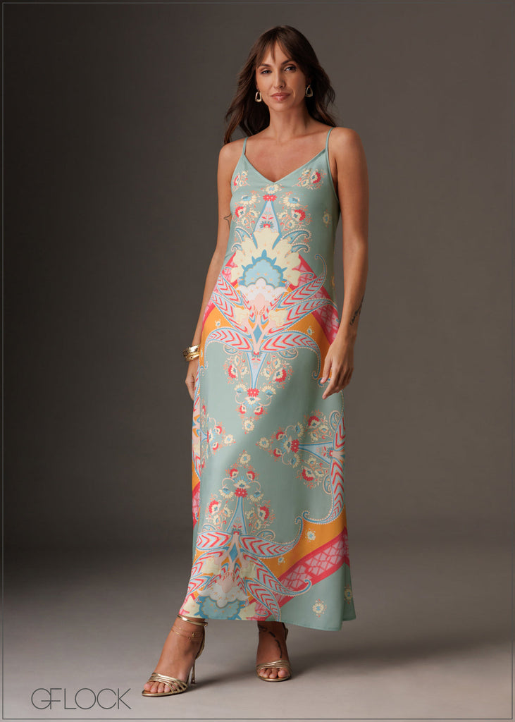 Flowy vibrant printed V-neck maxi slip dress