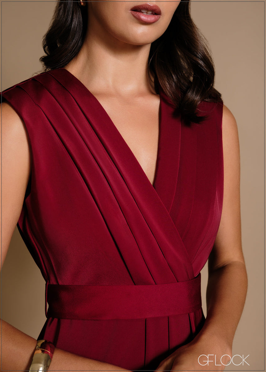 V-Neck Pleat Detail Midi Dress - 240426 – GFlock Global