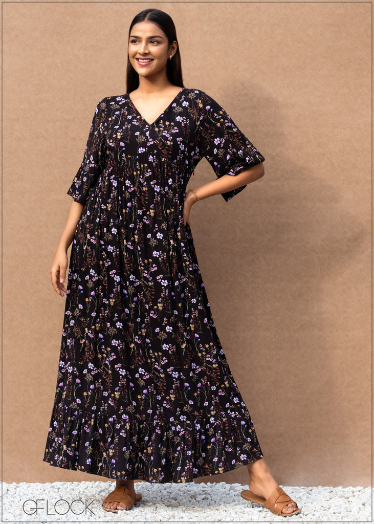 V-Neck Floral Maxi Dress - 1406