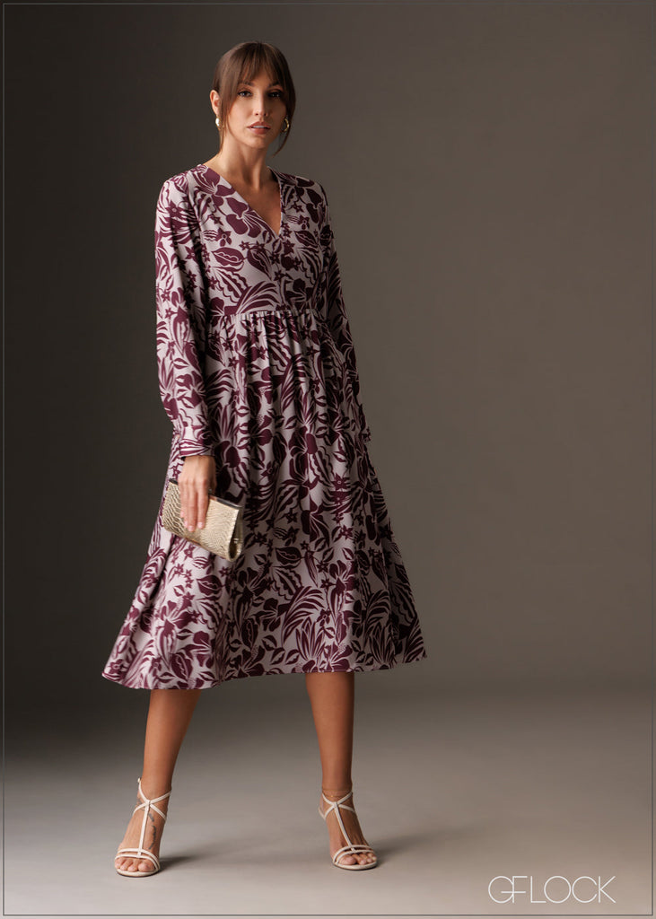 Printed v neck long sleeve satin midi dress