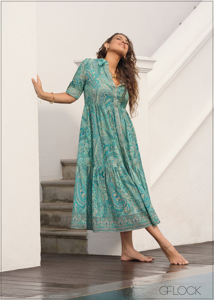 Aqua Printed Midi Shirt Dress - 231125