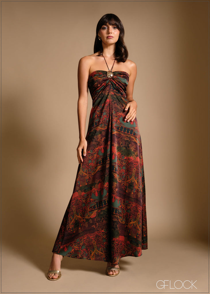 Front trim detail gathered halter tie-up dress