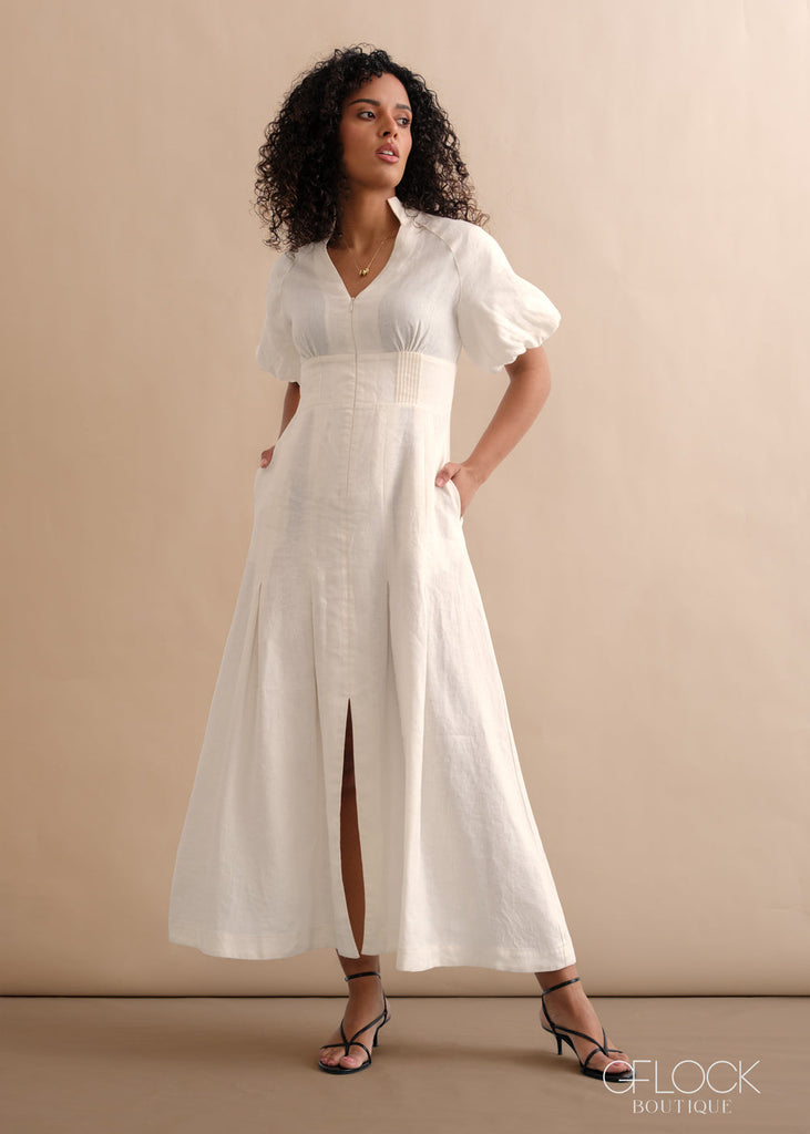 Linen Puff Sleeve Maxi Dress - 170526
