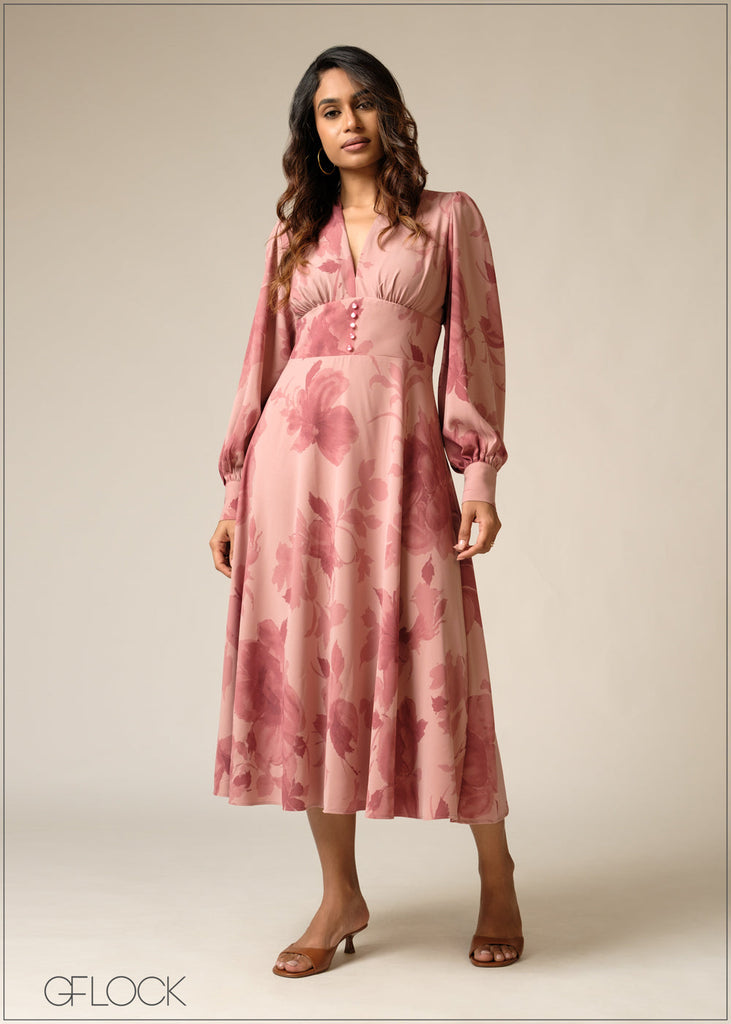 Printed Puff Sleeve Midi Dress - 300626