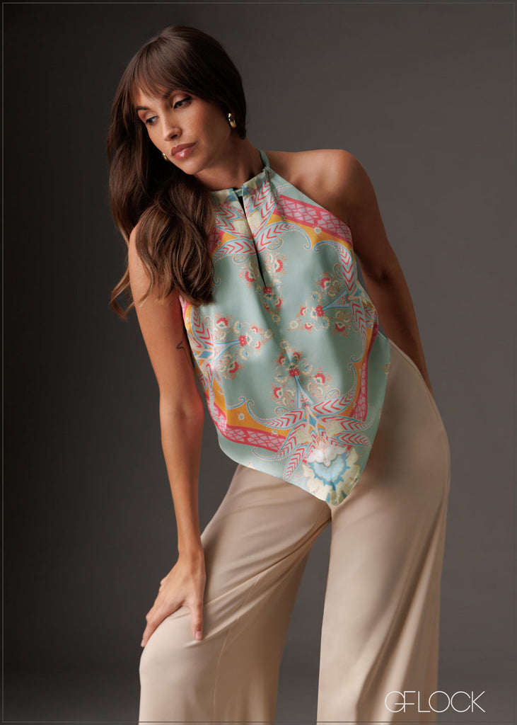 Chic halter neck top with a vibrant print