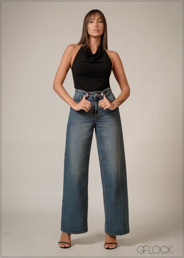 Mid Wash Wide Leg Jean - Short Length - 140326