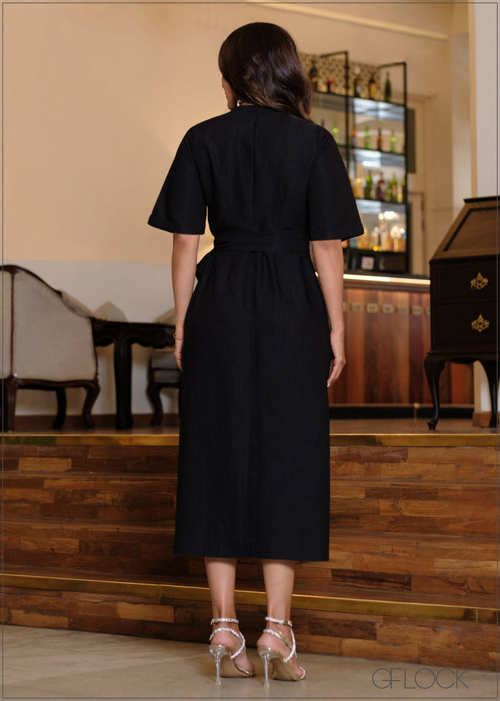 midi dress wanita gu sheath tie waist dress Wrap Tie Up Curve Seam Detailed Midi Dress