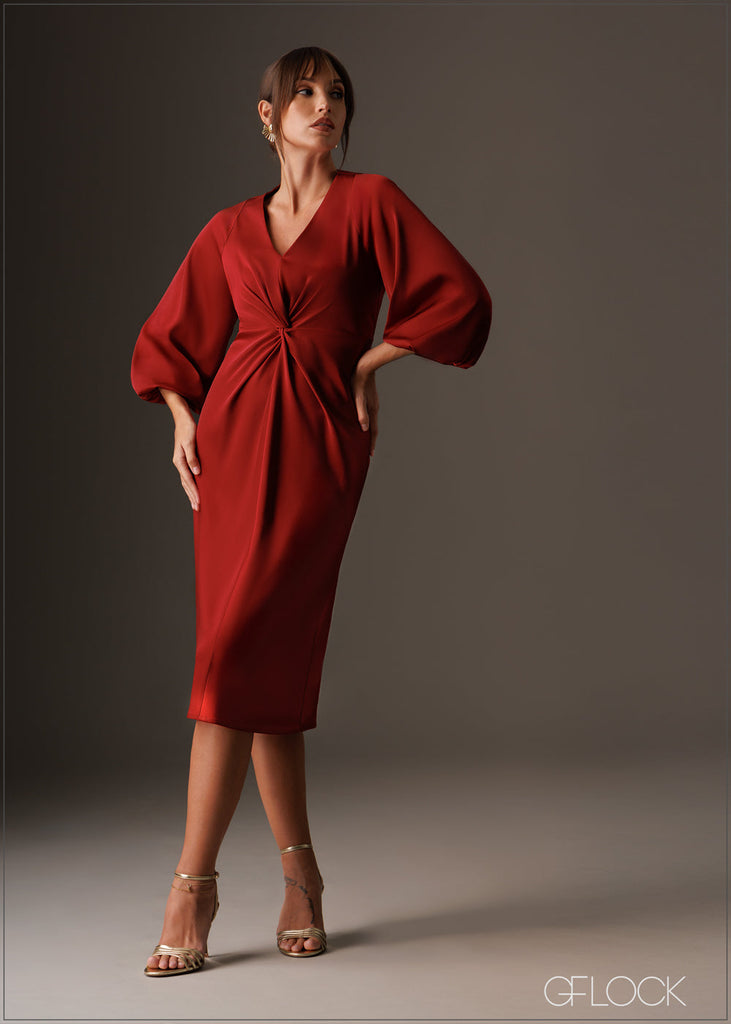 Twisted front knot detailed puff sleeve midi dress


