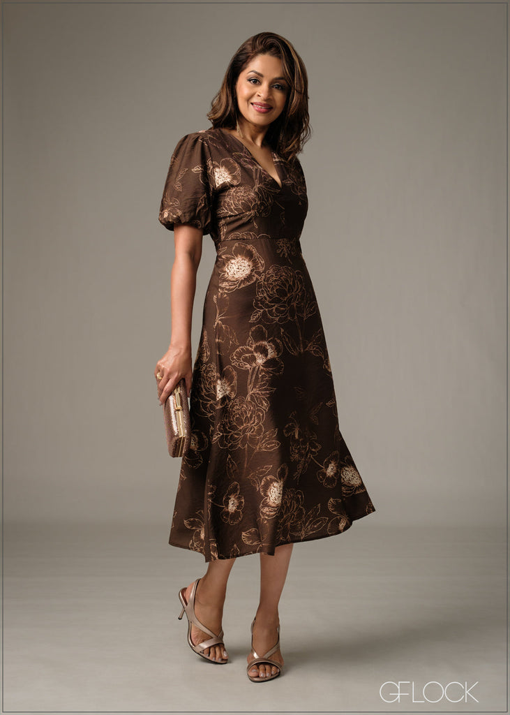 V-Neck Puff Sleeve Midi Dress - 051225