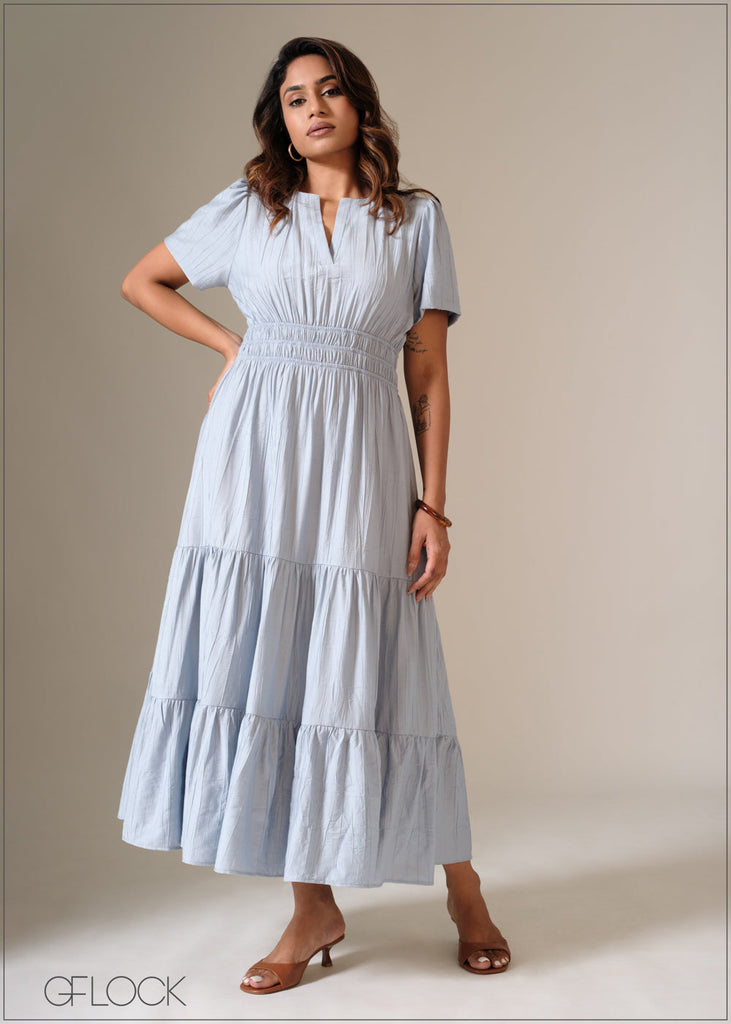 V-Neck Gathered Tiered Dress - 090126