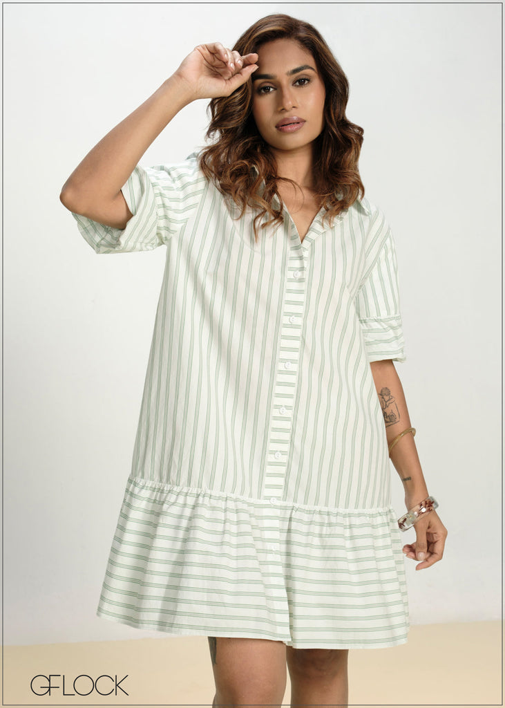 Balloon Sleeve Short Stripe Dress - 130826