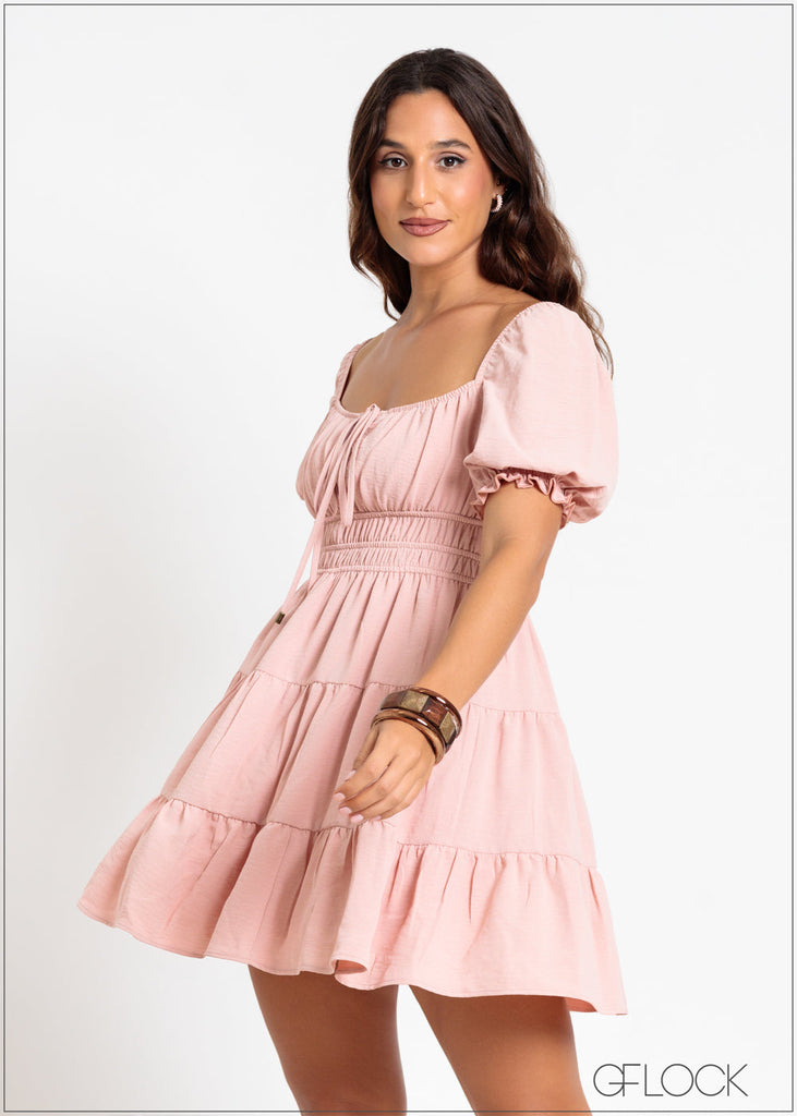 Puff Sleeve Tiered Dress - 211024