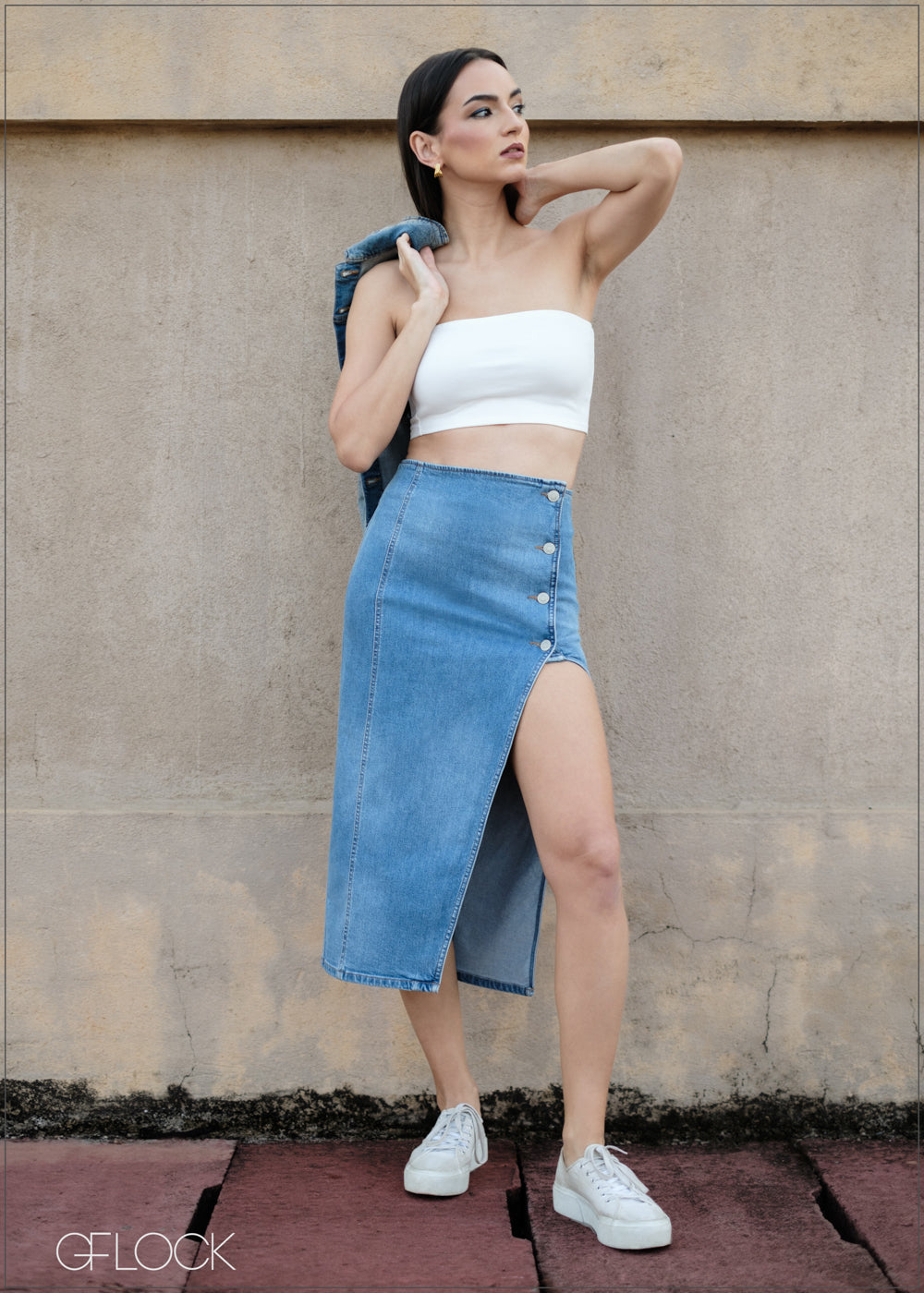 スカート T.japan denim skirt 36 DENIM LONG SKIRT with PEARL(36 BLUE): BOTTOMSjosemoon