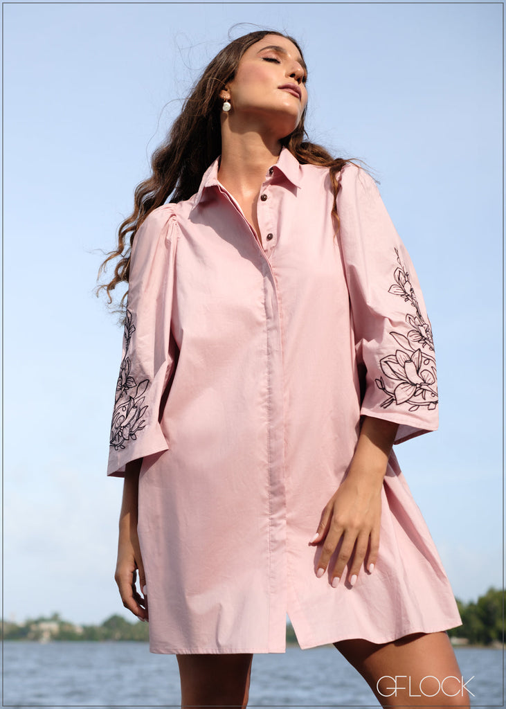 Embroidered Sleeve Shirt Dress - 220624