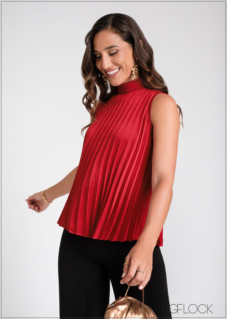 High Neck Sleeveless Pleated Top - 100225