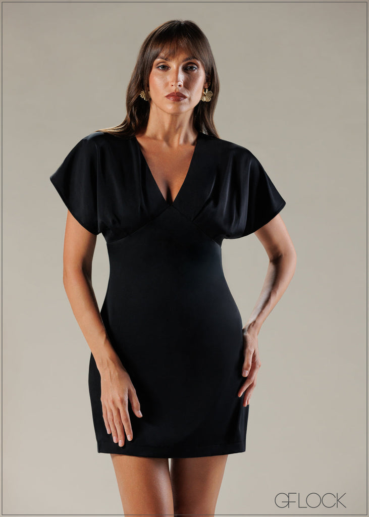 V-Neck Pleat Detail Mini Dress - 121225