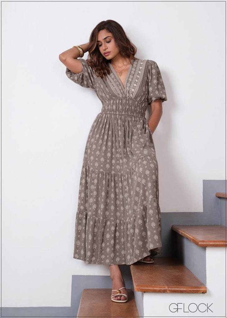 V-Neck Printed Dress - 280826