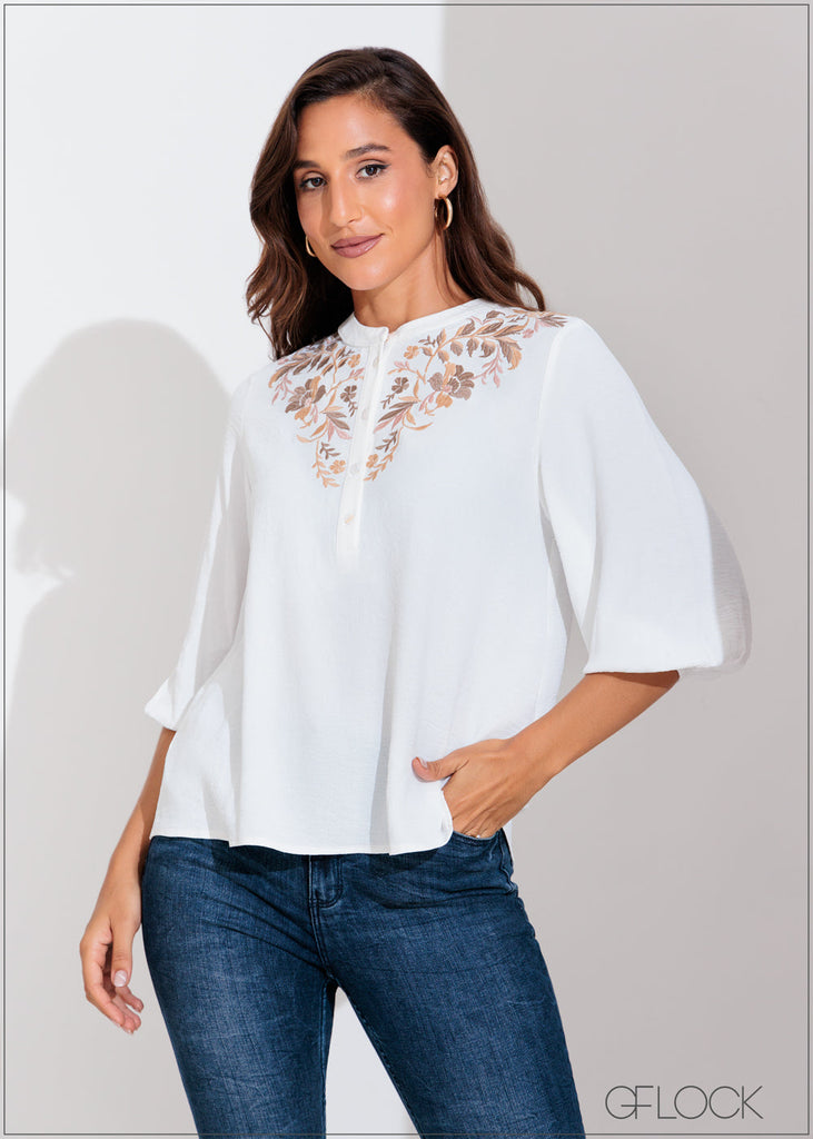 Embroidery Puff Sleeve Top - 070125