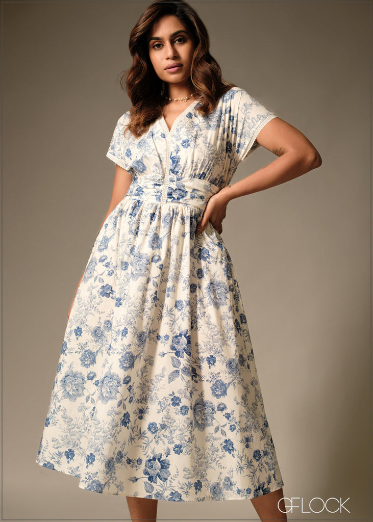 Lace Insert Printed Dress - 160126