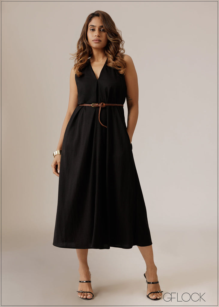 V-Neck Midi Dress With Belt - 280926