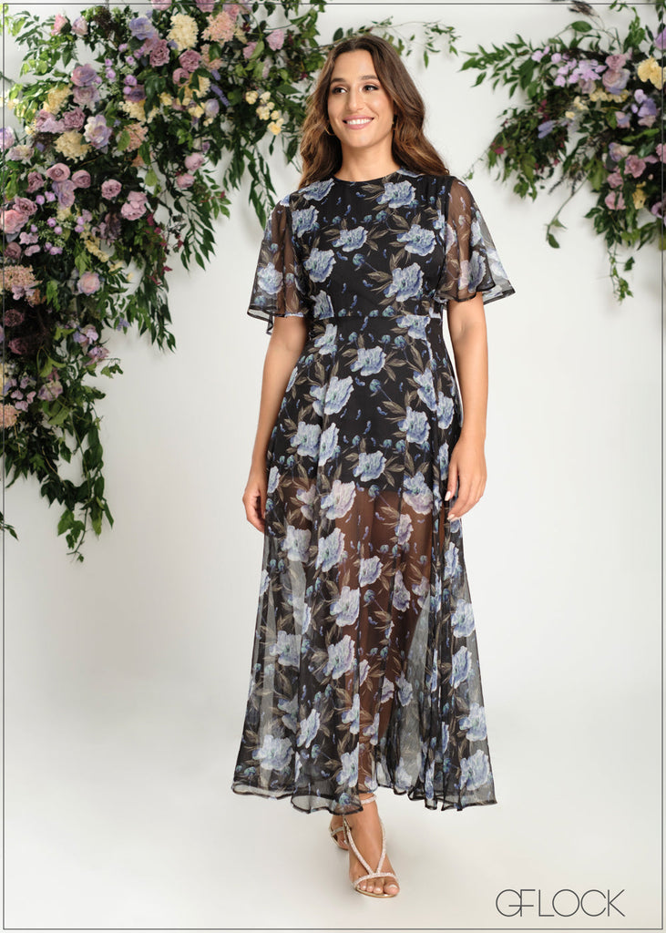 Flare Sleeve Detailed Floral Maxi Dress - 190724