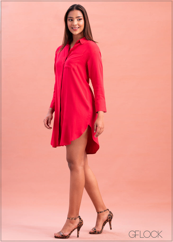 Curved Hem Shirt Dress - 0702