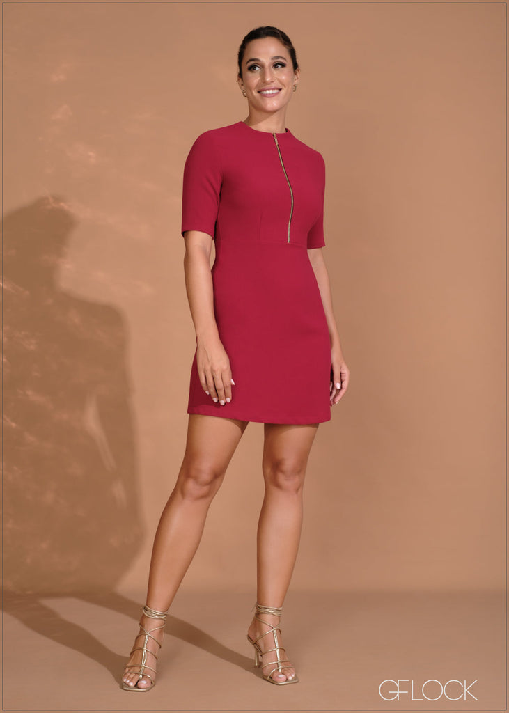 Short Sleeved Front Zipper Detail Mini Dress