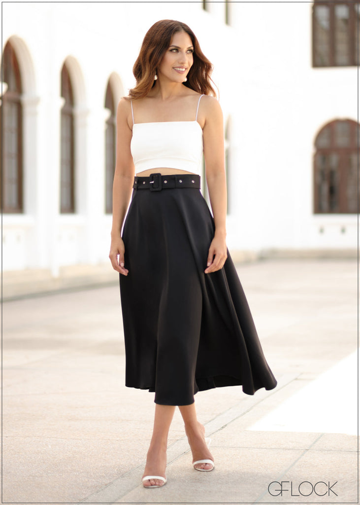 High Waisted Tie Up Flared Maxi Skirt - 290923