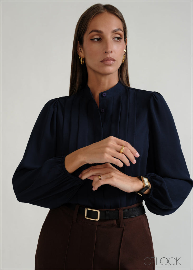 Pleated Chinese Collar Top - 070926