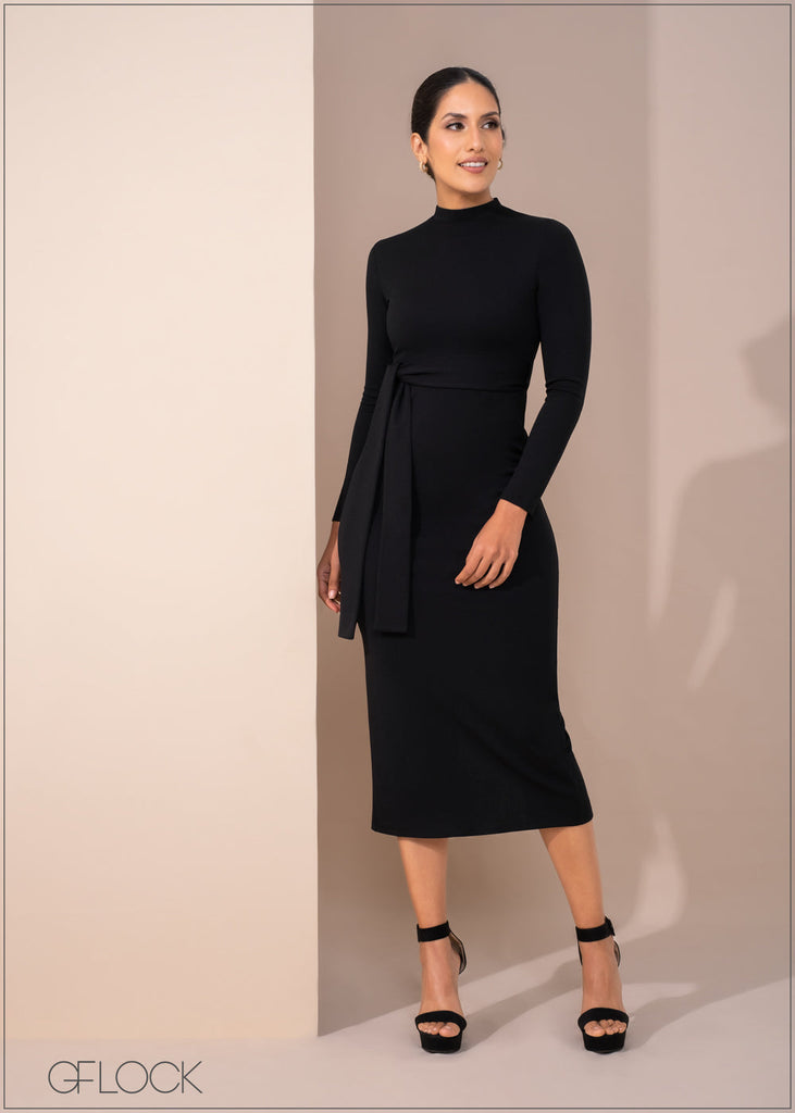 Long Sleeve Midi Dress With Belt - 270123