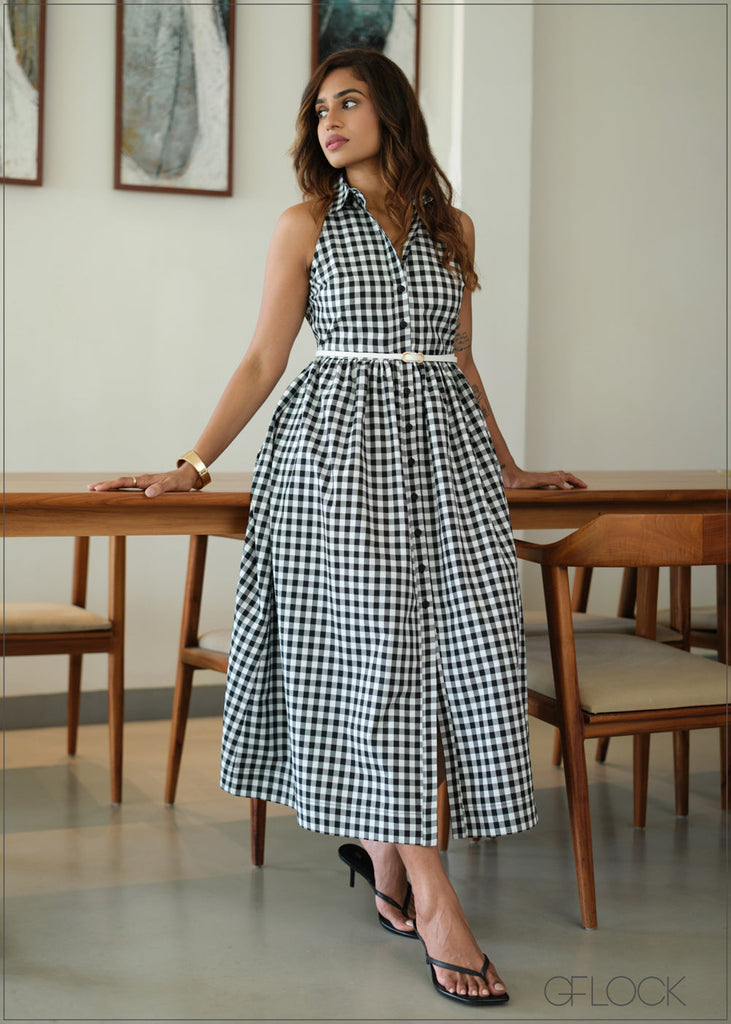 Gingham Midi Dress With Belt  - 280826