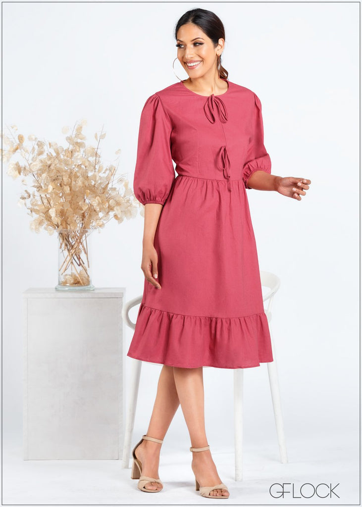 Front Tie Puff Sleeve Dress - 366