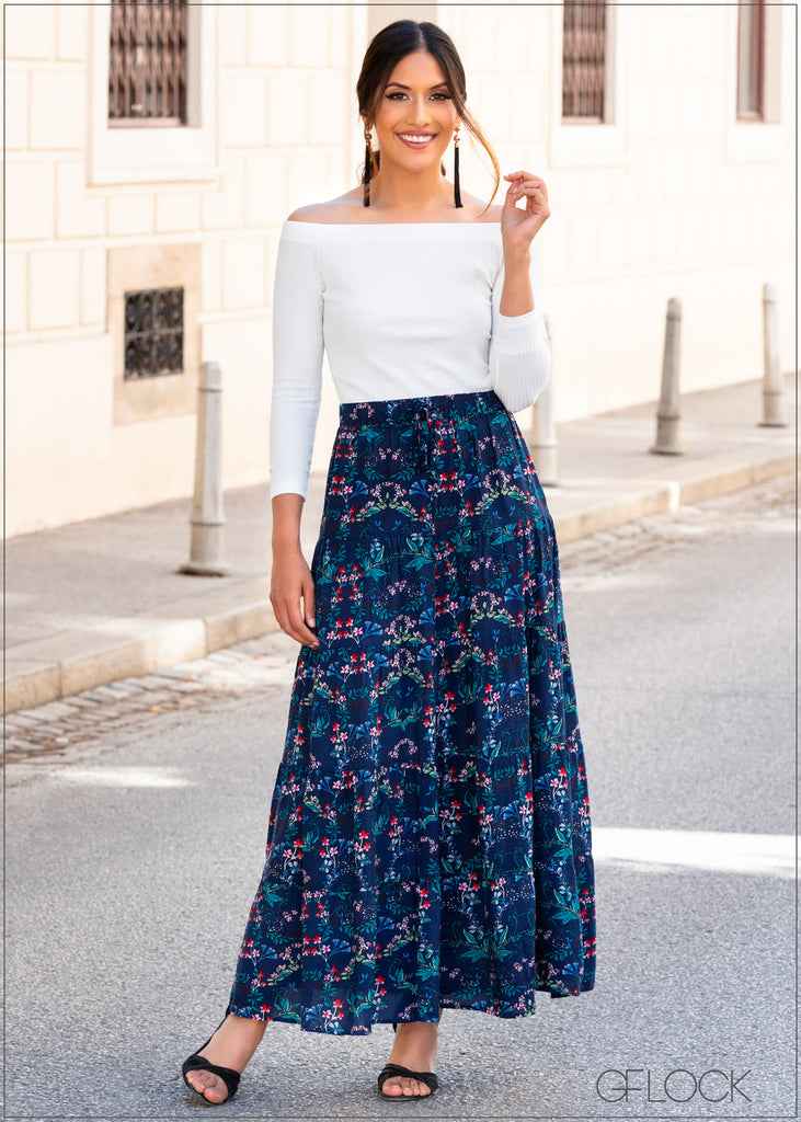 Printed Tiered Maxi Skirt - 374