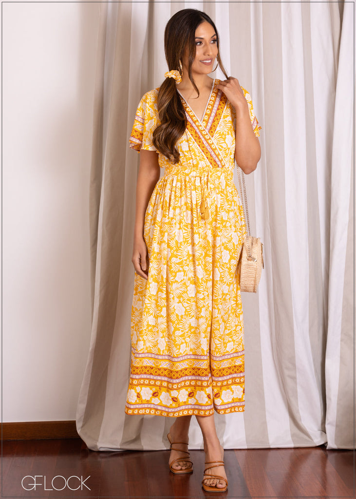 Flutter Sleeve Border Print Dress With Scrunchie - 2102