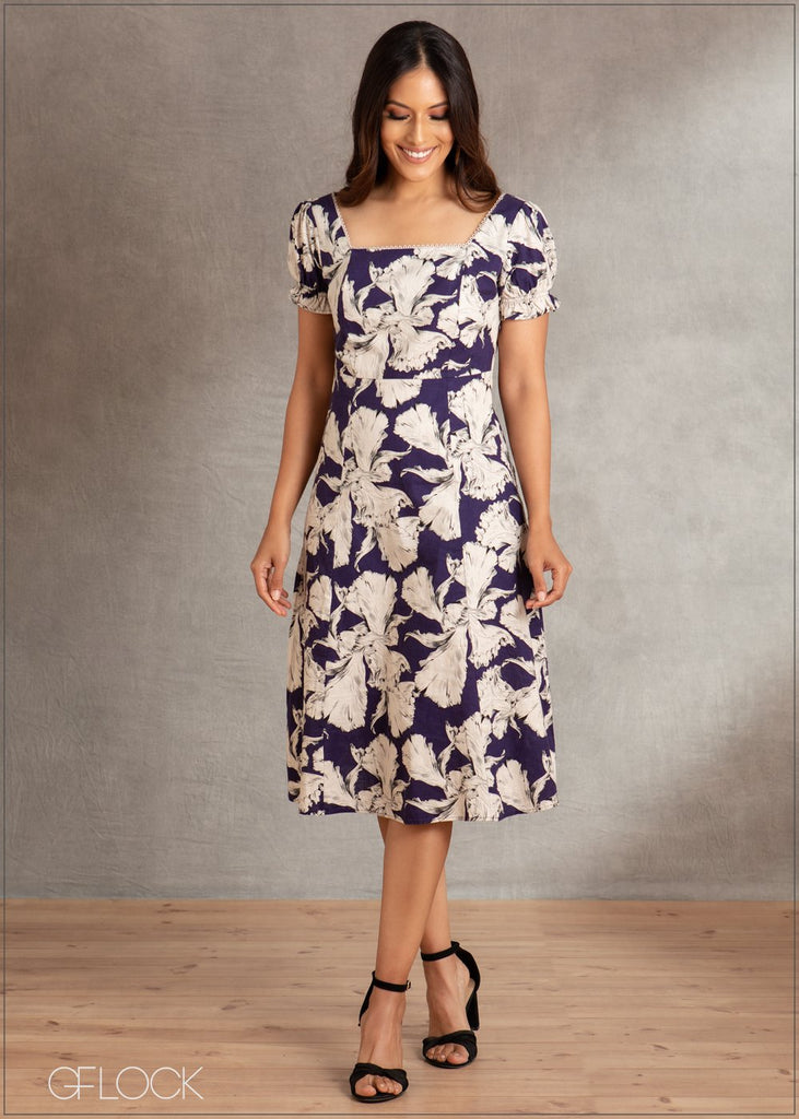 Floral Printed Linen Midi Dress - Linen 2210